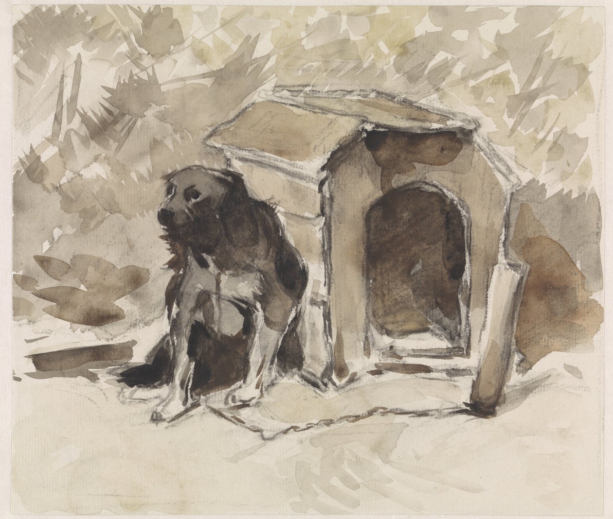 Chien, attaché, assis devant sa niche - Jan van Essen