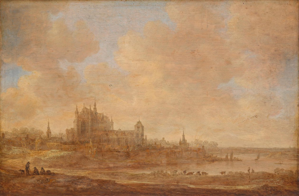 Paysage fluvial avec la Hooglandse Kerk de Leyde - Jan van Goyen