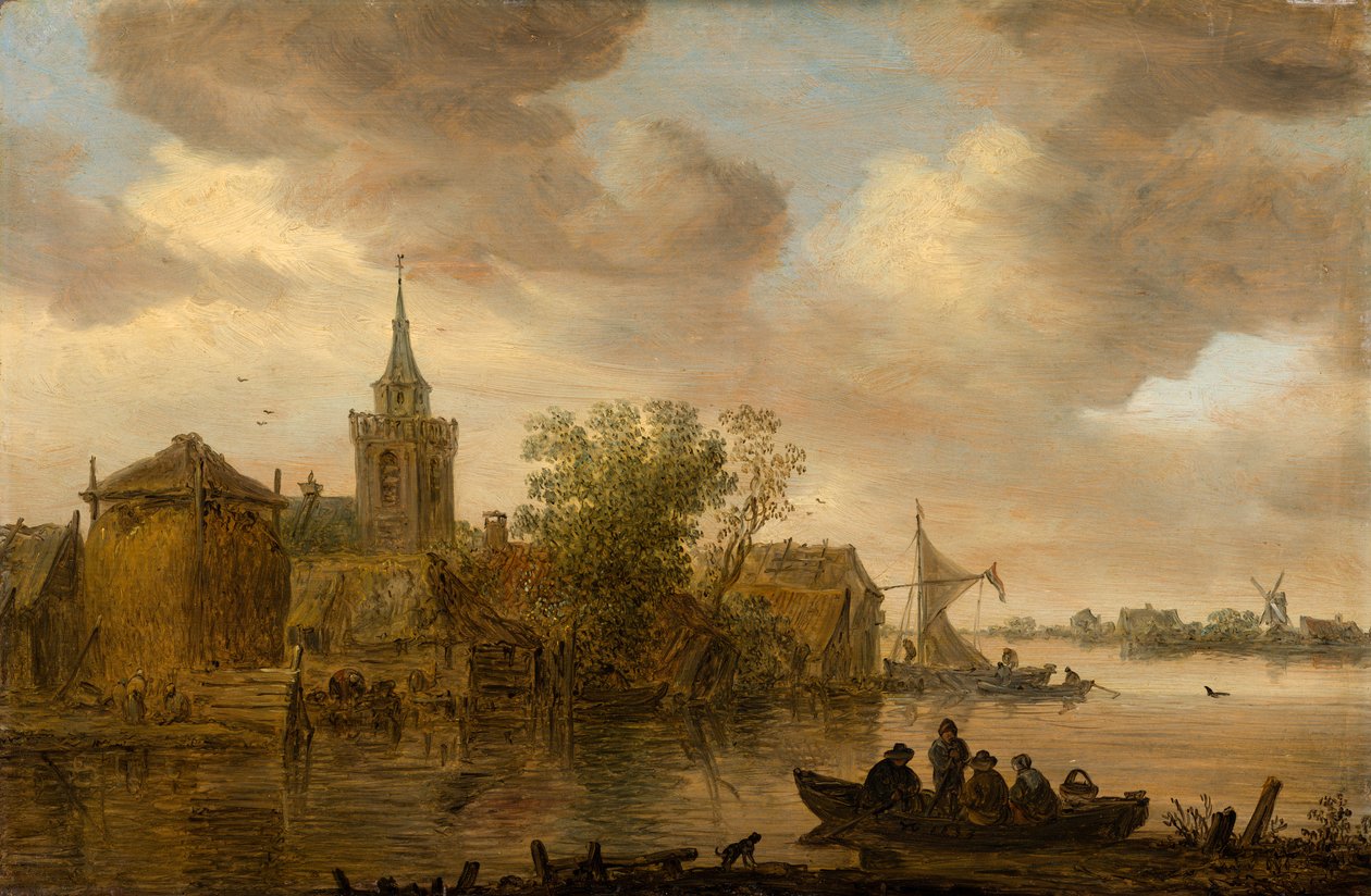 Vue sur la rivière avec une église et une ferme - Jan van Goyen