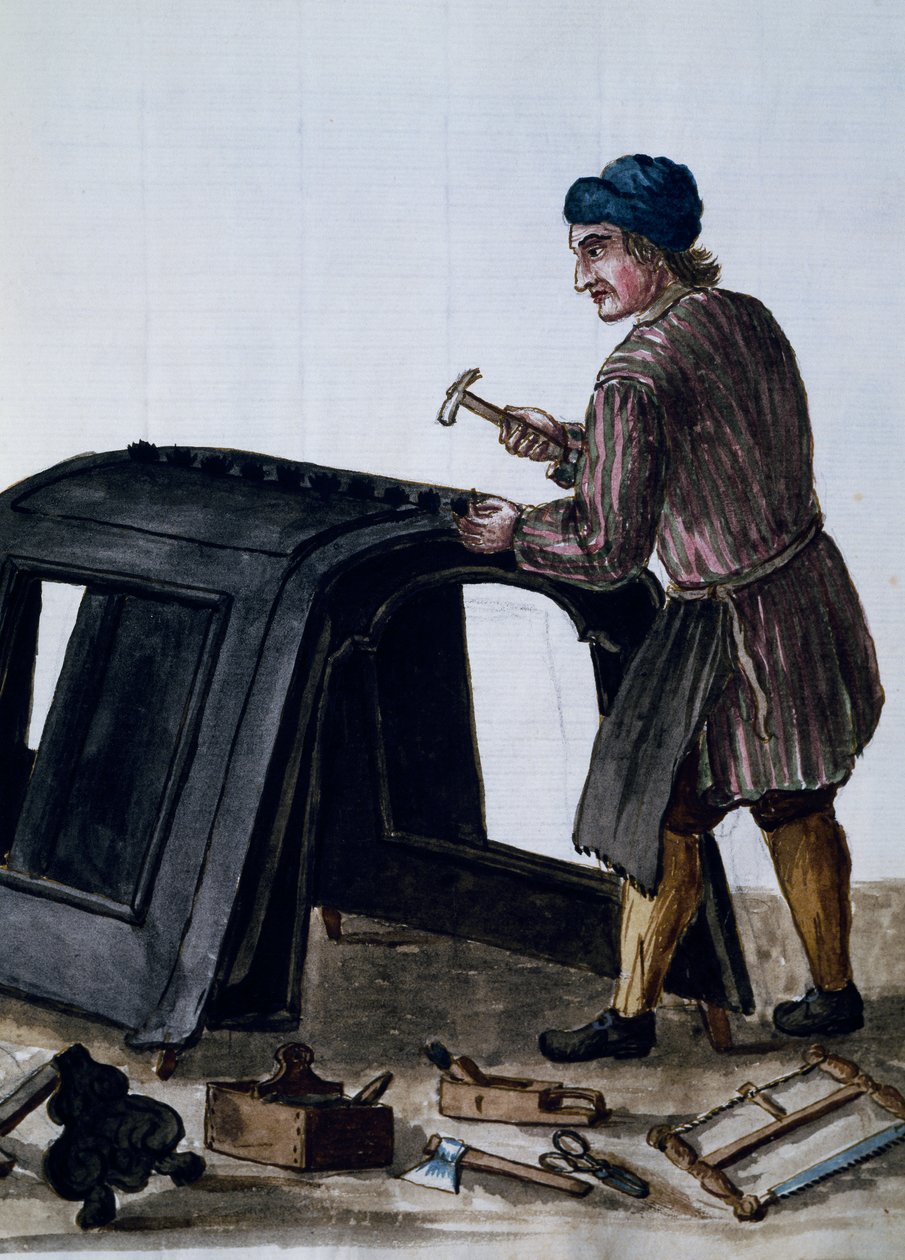 Constructeurs de gondoles, illustration de Jan van Grevenbroeck (1731-1807) du manuscrit Habits des Vénitiens, Italie - Jan van Grevenbroeck
