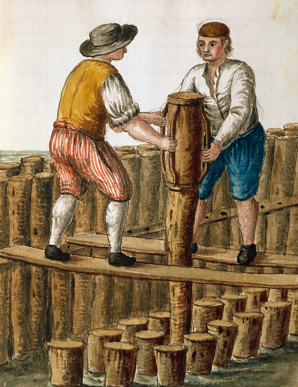 Pose des fondations de la lagune vénitienne, illustration de Jan van Grevenbroeck (1731-1807) du manuscrit 