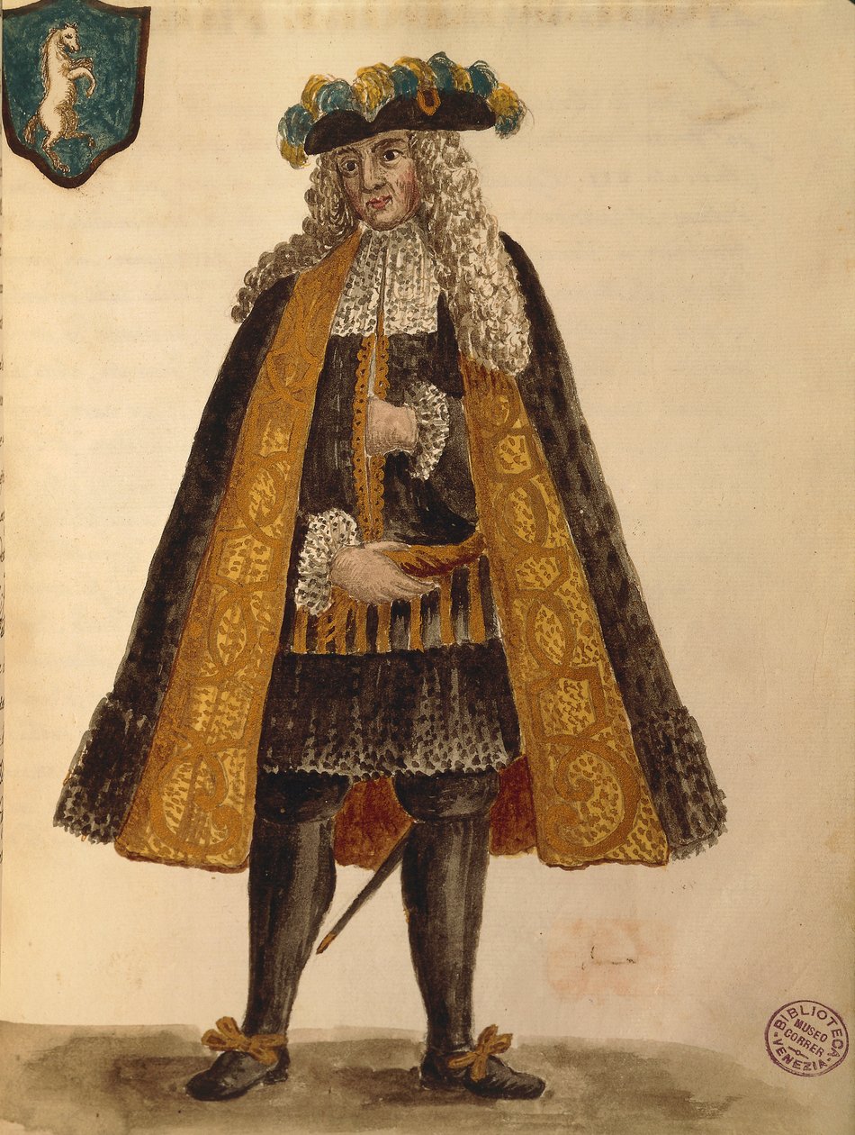 Ambassadeur sarde, Gli Abiti de Veneziani, extrait du livre illustré de costumes - Jan van Grevenbroeck