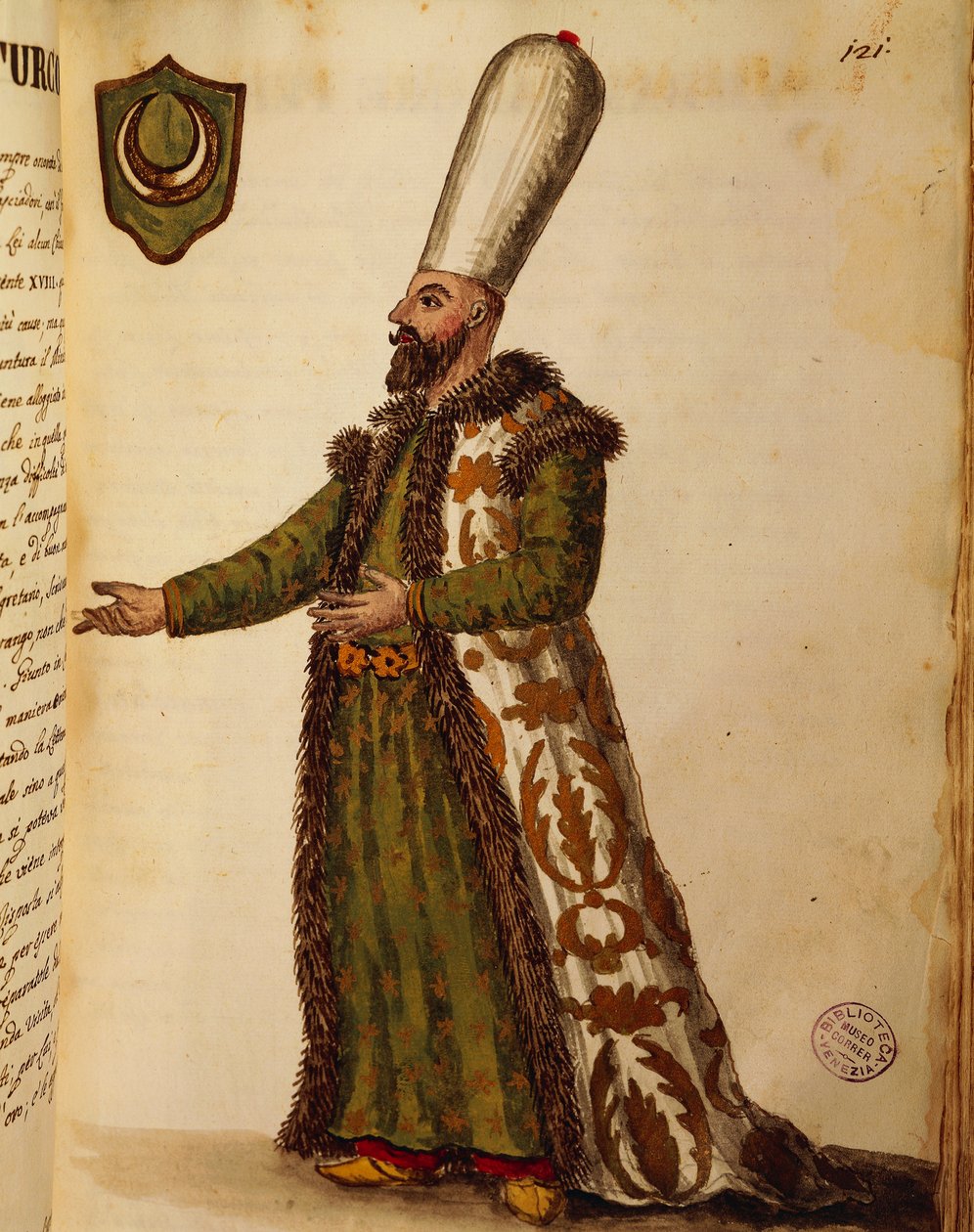 Ambassadeur turc à Venise, gravure en couleur de Giovanni di Grevembroch, du Gli abiti de veneziani (costumes des Vénitiens), volume II, planche 121 - Jan van Grevenbroeck
