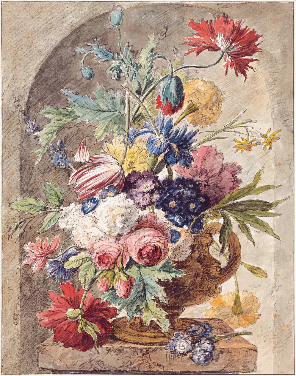 Hollandais : Nature morte aux fleurs dans un vase avec oreille sur un piédestal dans une niche Nature morte aux fleurs - Jan van Huysum