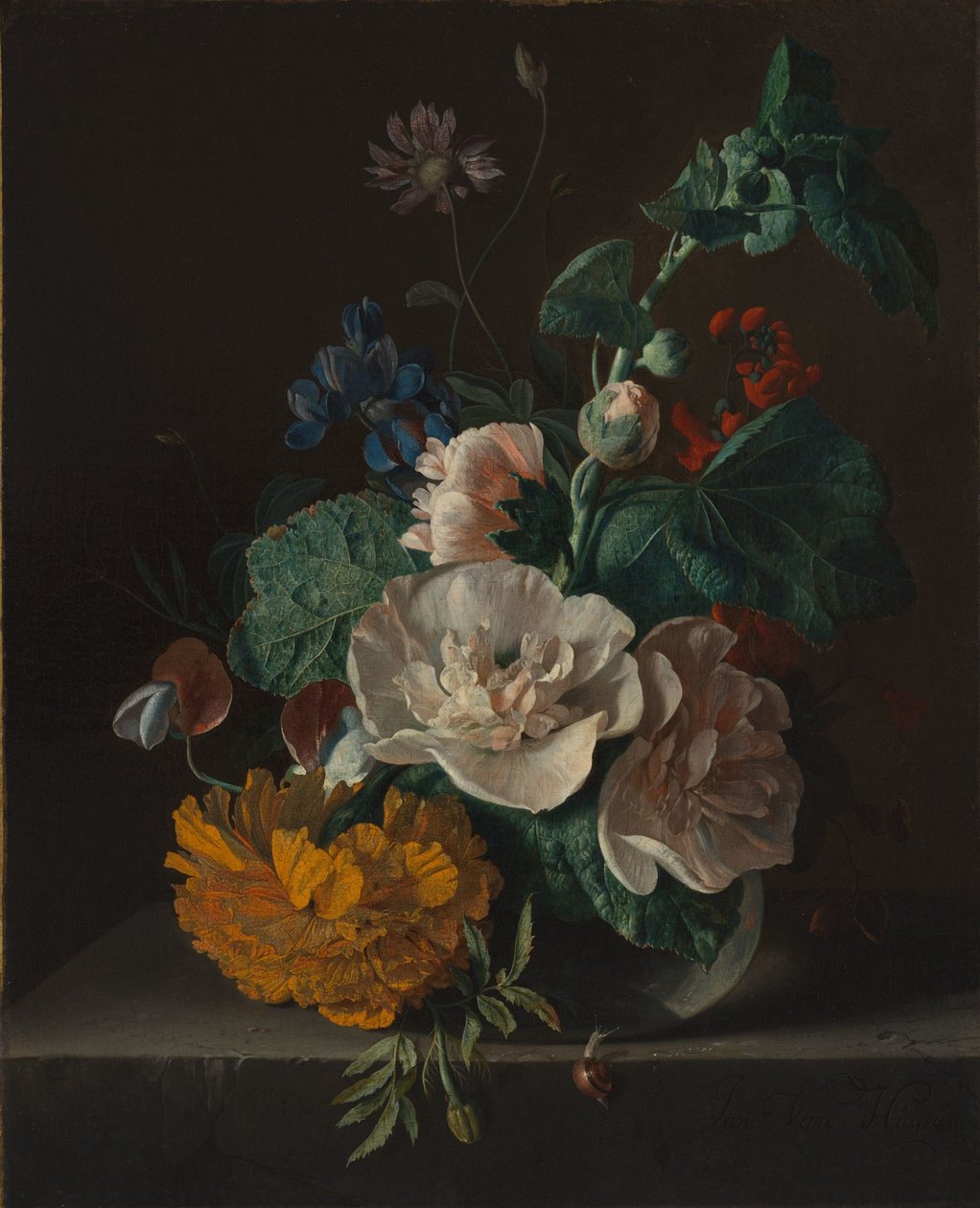 Nature morte florale à la rose trémière et au souci - Jan van Huysum