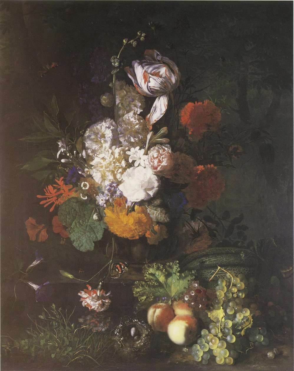 Pièce fleurie avec fruits et gazon - Jan van Huysum