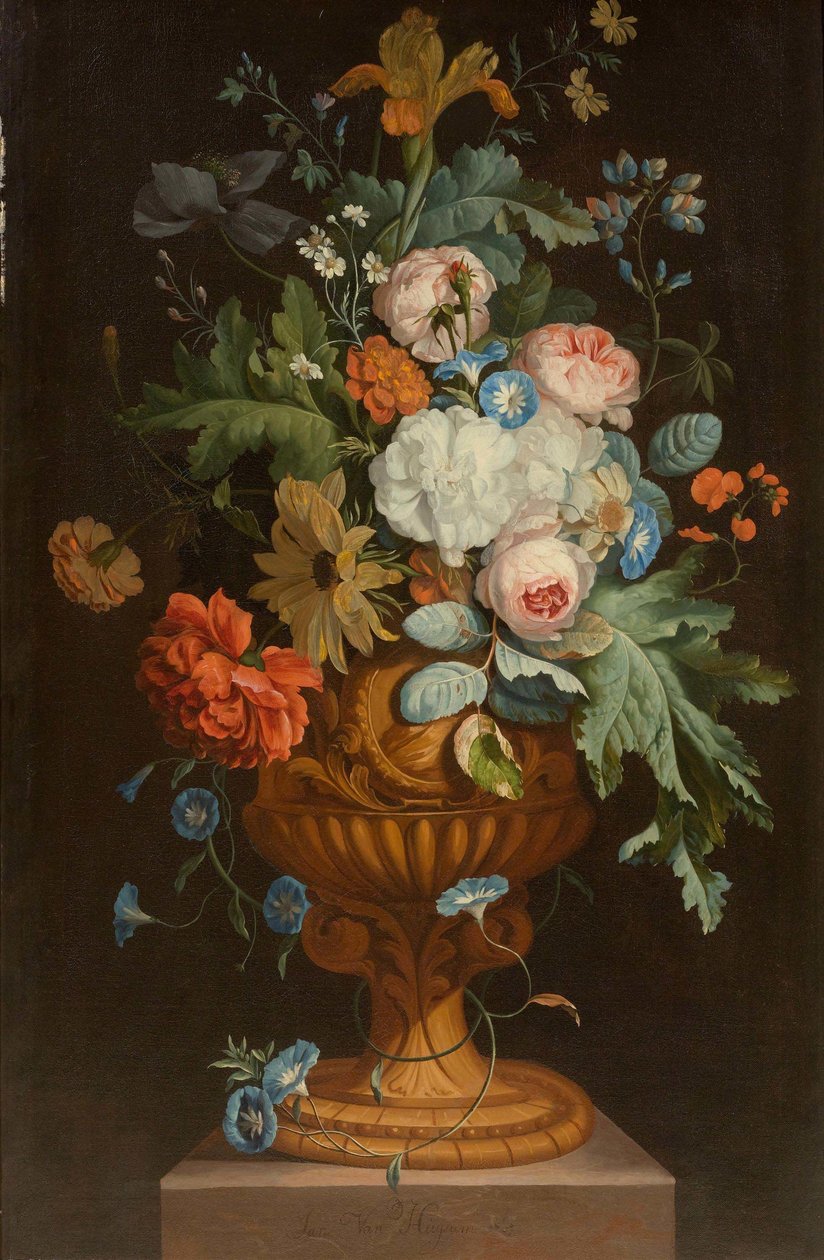 Fleurs dans un vase en terre cuite sur un piédestal - Jan van Huysum