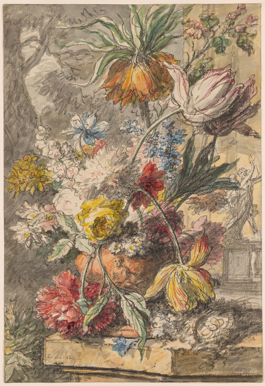 Fleurs dans une urne et nid d