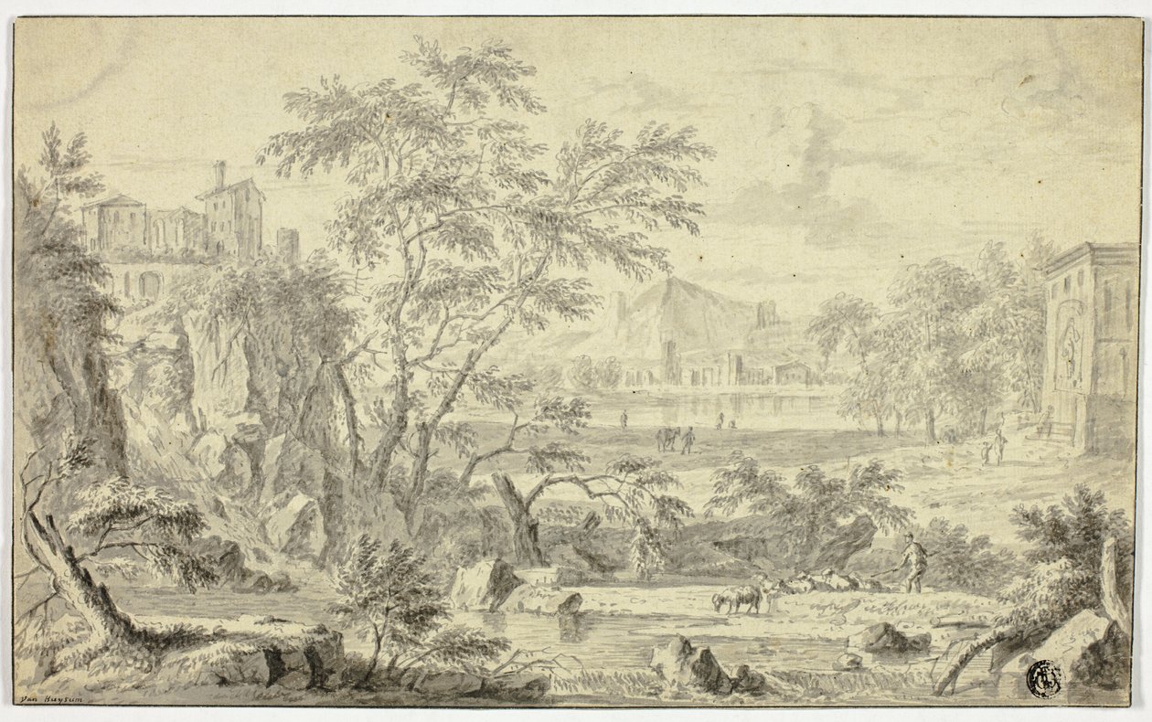 Paysage italianisant avec berger et troupeau près d