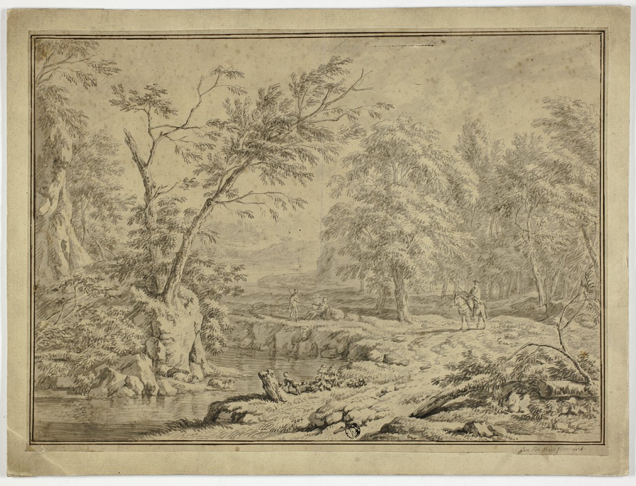 Paysage avec bergers près de la rivière et homme à cheval - Jan van Huysum