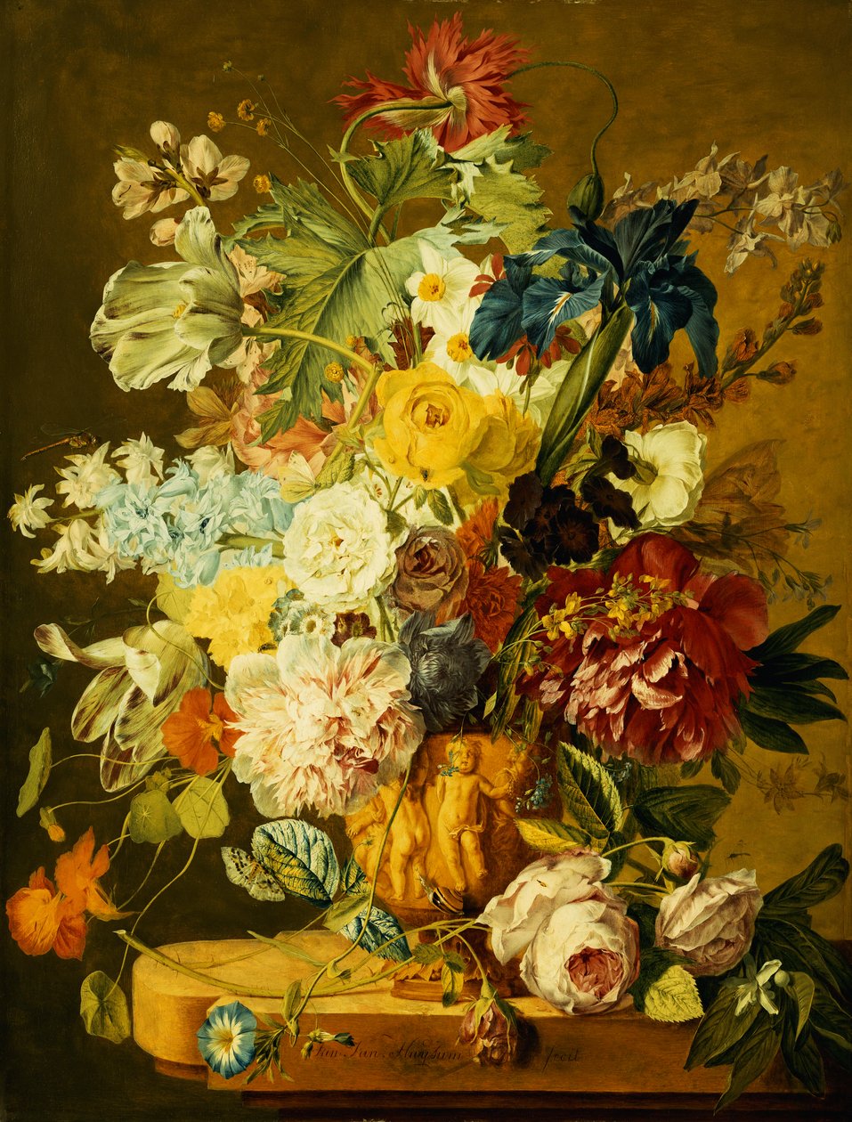 Roses, pivoines, tulipes, gloire du matin, un iris, ancolie, un pavot, jonquilles et autres fleurs dans une urne sculptée sur un rebord de pierre - Jan van Huysum