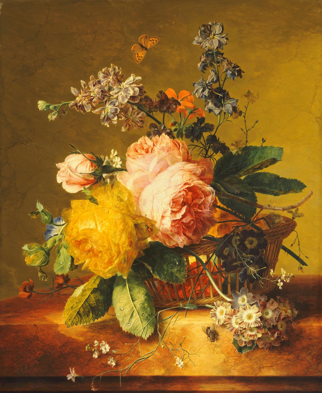 Roses et autres fleurs dans un panier sur une corniche en marbre, vers 1742 - Jan van Huysum