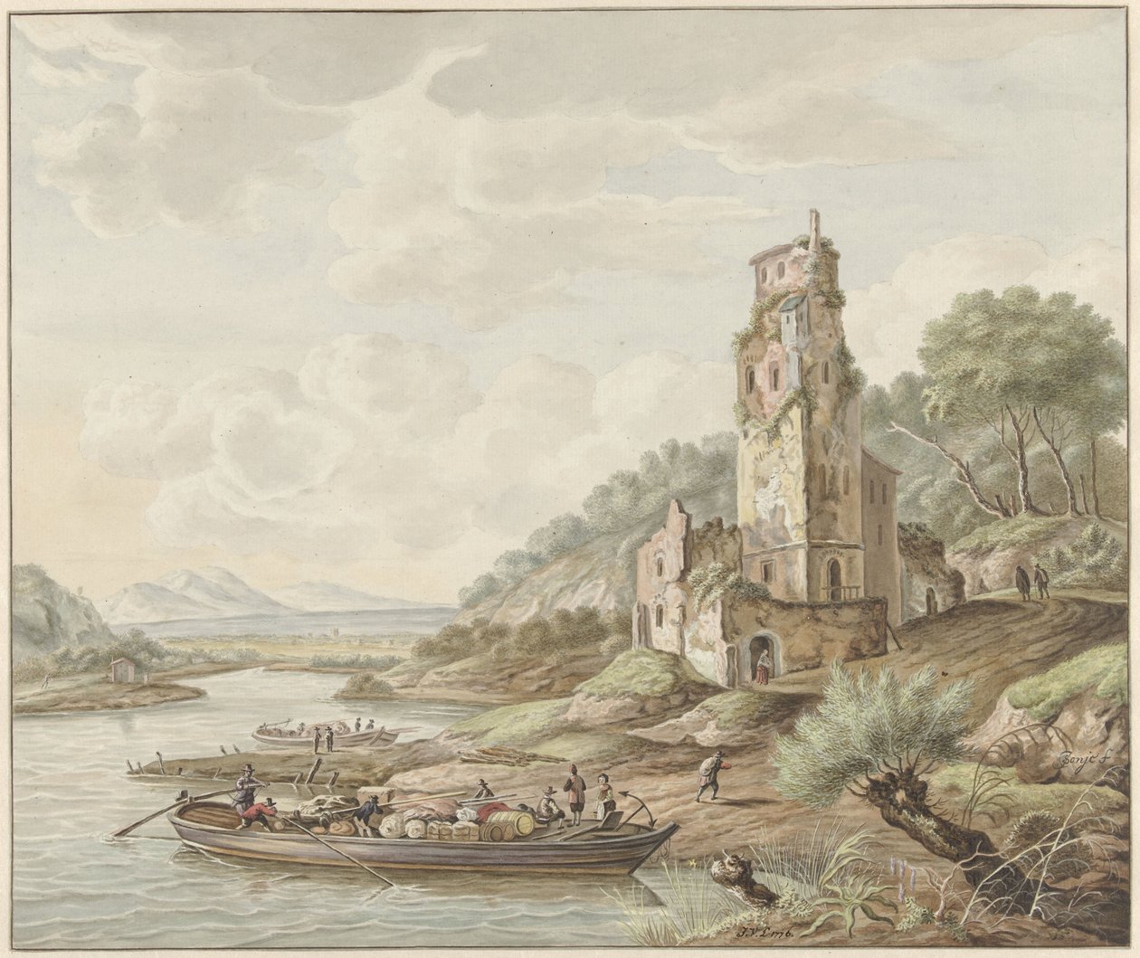 Paysage avec bateau de marchandises près d