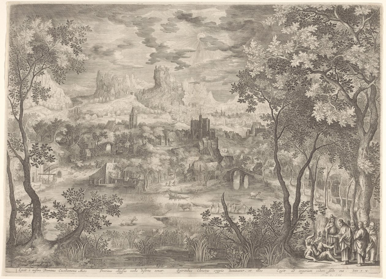 Paysage avec le Christ chassant un démon chez un homme muet - Jan van Londerseel