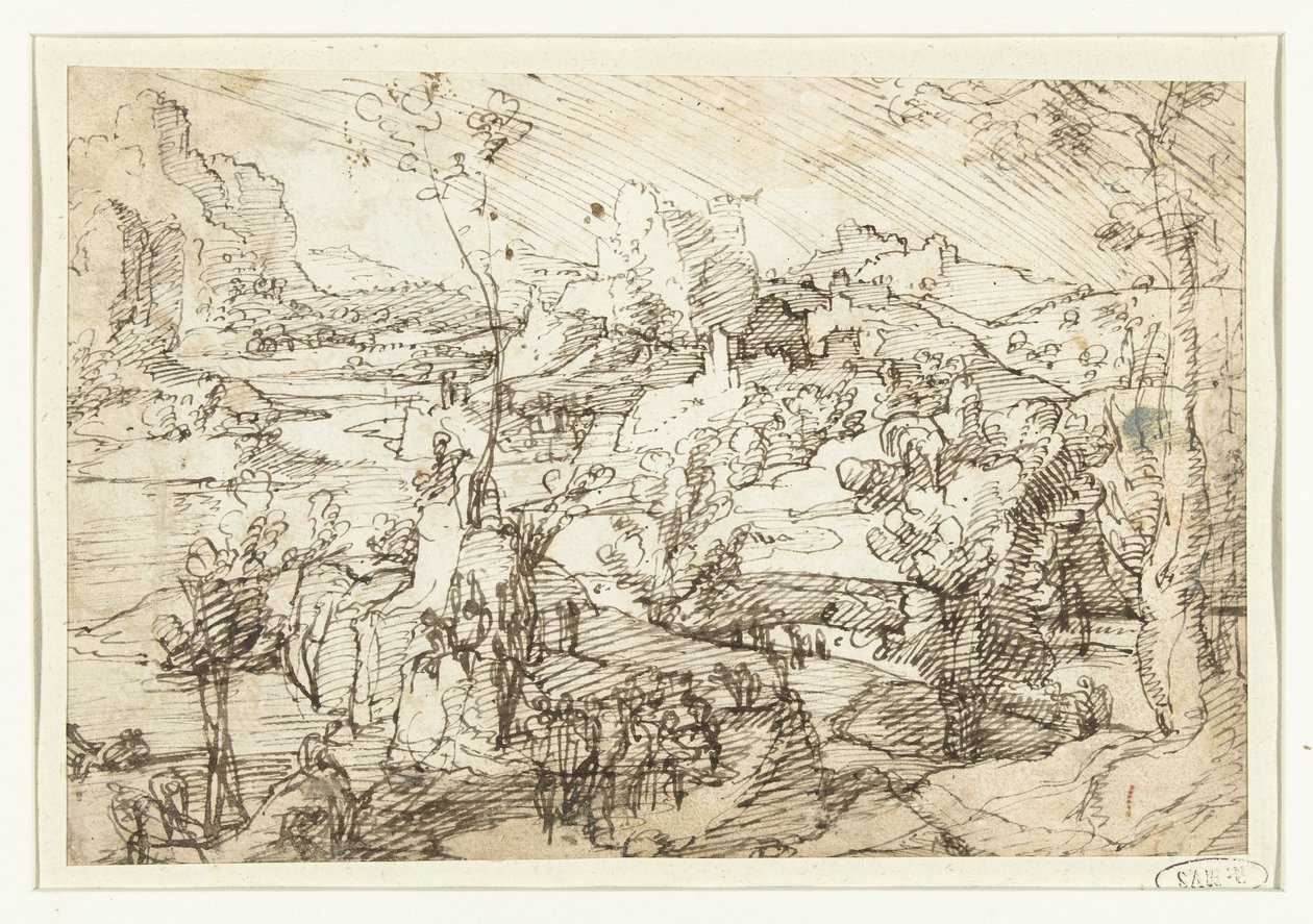Paysage avec rochers, figures et un voilier - Jan van Scorel (attributed to)