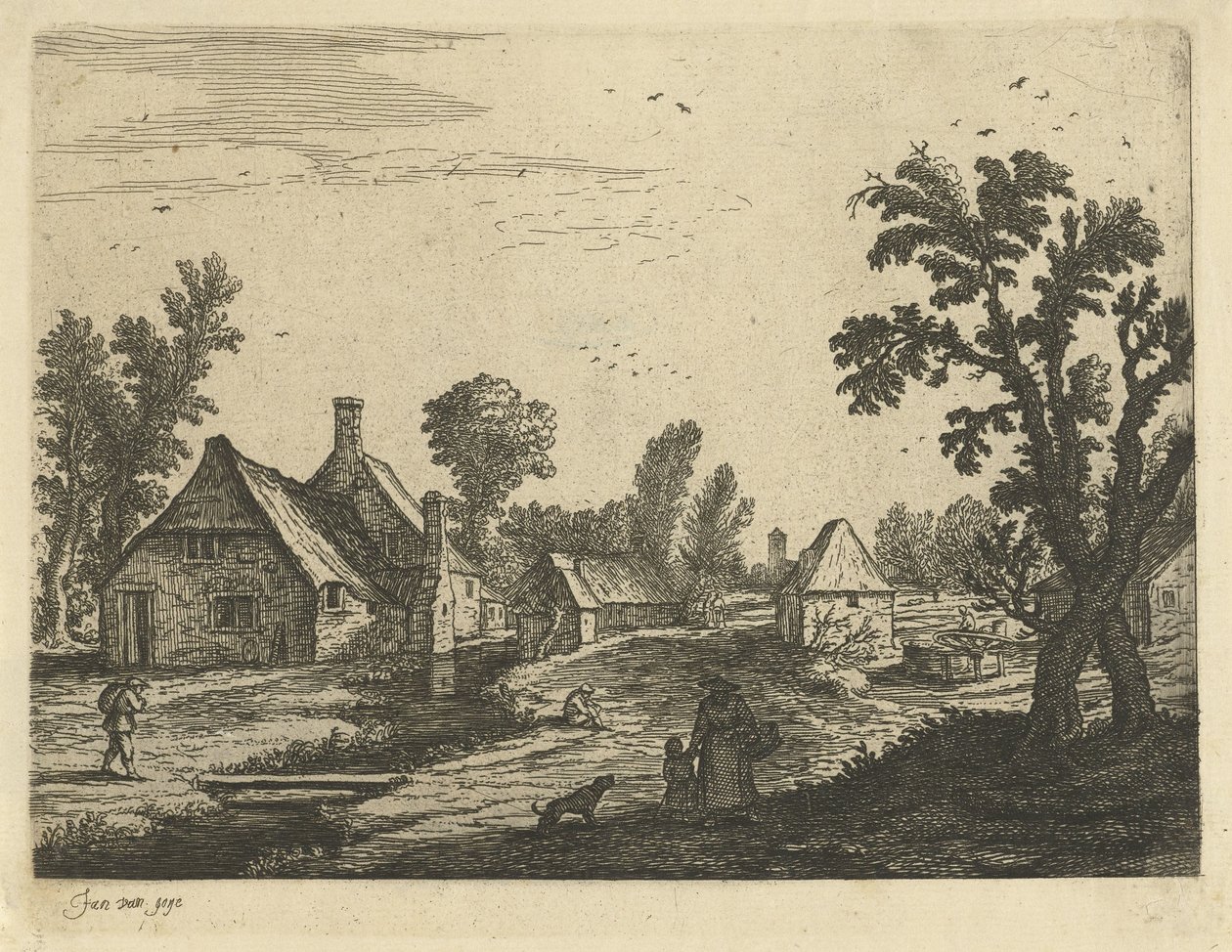 Vue de village avec femme et enfant dans la rue du village - Jan van de Cappelle (attributed to)