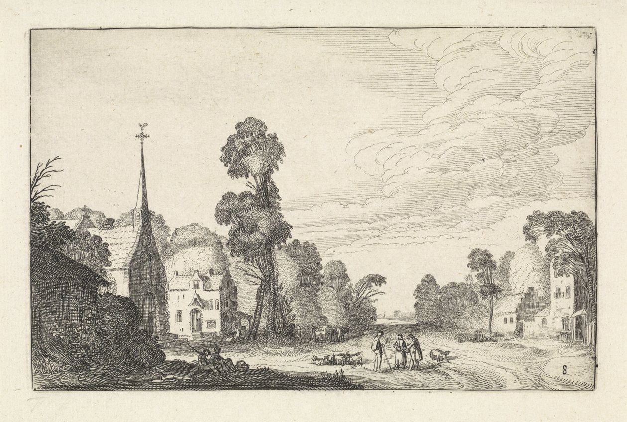 Figures et bétail dans un village avec une église (Paysages, Amenissimae aliquot requculae) - Jan van de Velde (II)