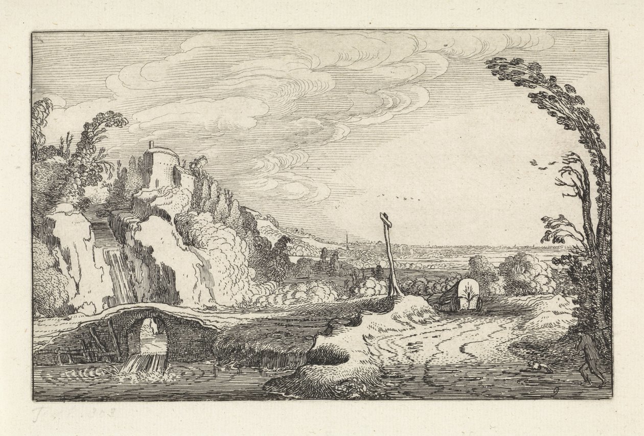 Chariot couvert sur un chemin dans un paysage fluvial montagneux (Landschappen, Amenissimae aliquot requculae) - Jan van de Velde (II)