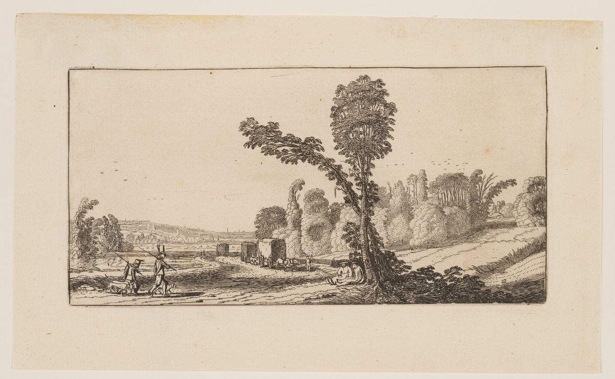 Paysage avec chasseurs et charrettes à foin, extrait de Six paysages - Jan van de Velde II