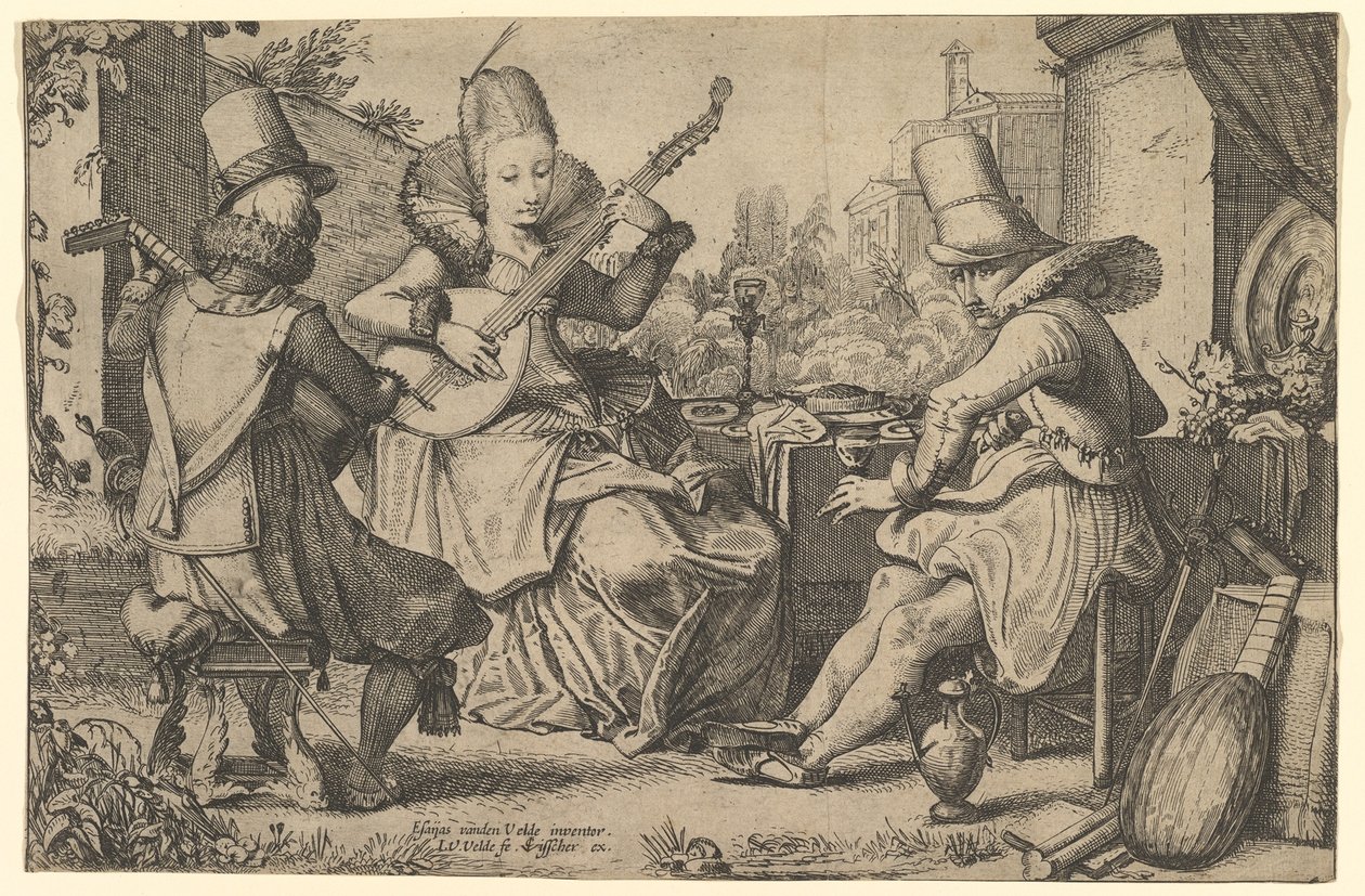 Deux hommes élégamment vêtus et une femme dans un jardin, 1613-41 - Jan van de Velde II