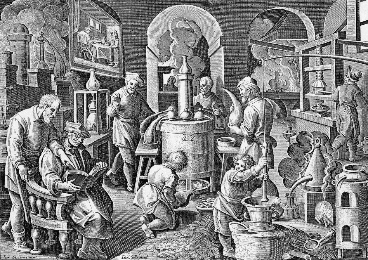 Distillatio.: In igne succus omnium, arte, corporum, Vigens fit unda, limpida et potissima. Gravure du XVIe siècle par Jan van der Straet, sur les différentes étapes de la distillation. - Jan van der Straet