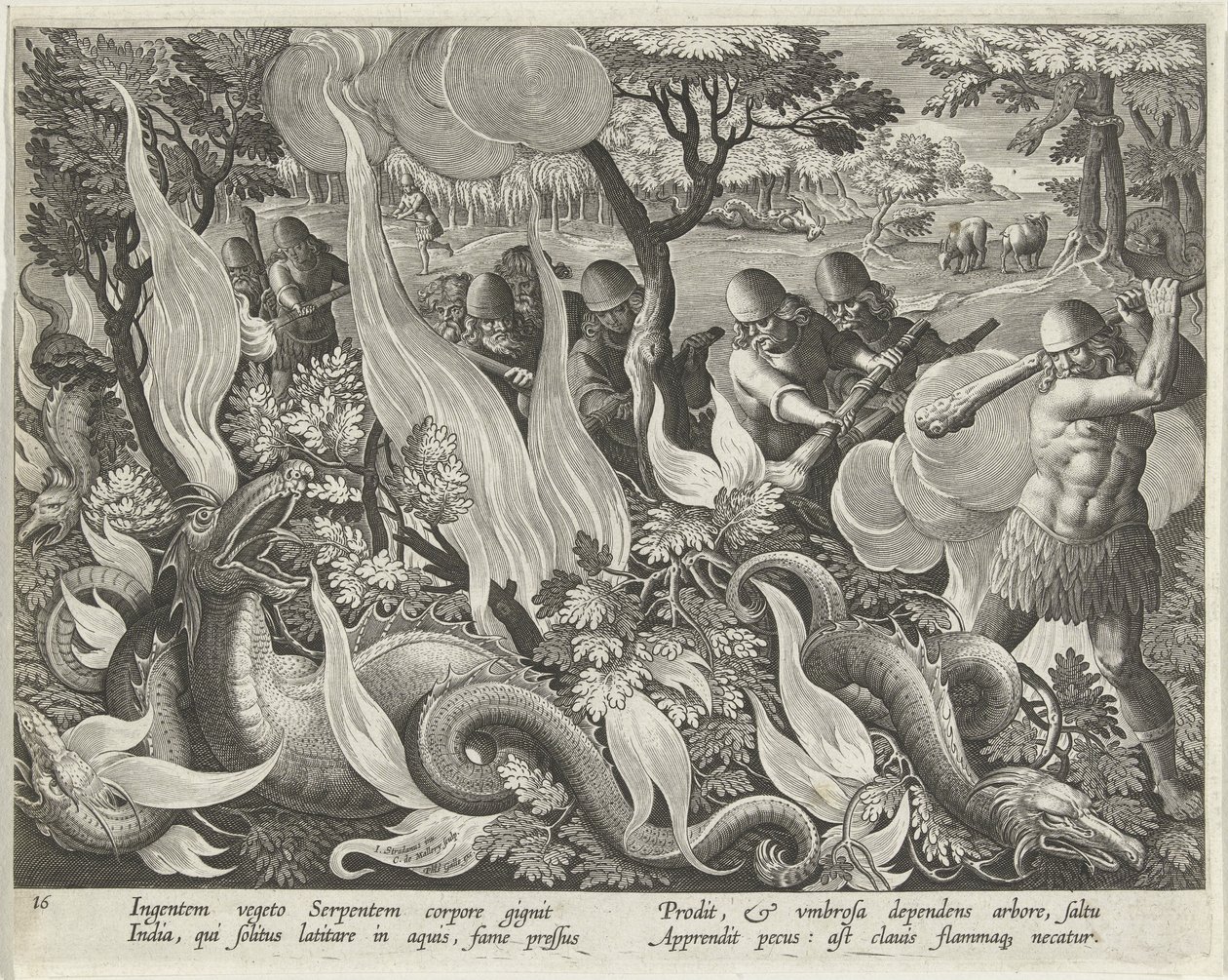 Capture de serpents en Inde utilisant des bâtons et des torches pour éclairer la broussaille, planche 44 de Venationes Ferarum, Avium, Piscium (De la chasse: bêtes sauvages, oiseaux, poissons) pub. 1640 - Jan van der 1523 1605 Straet