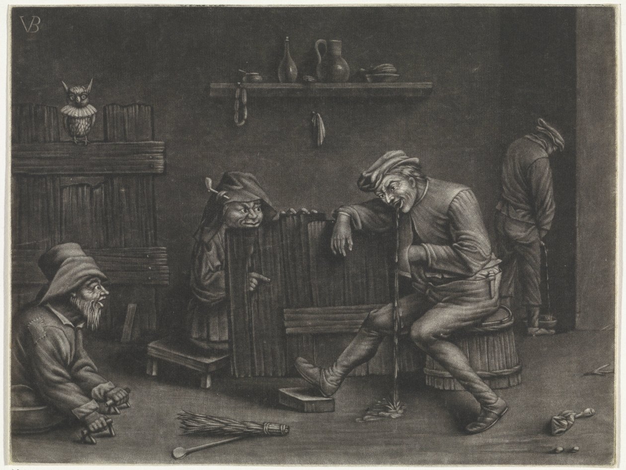 Intérieur avec un homme urinant, un homme vomissant, un nain et un mendiant - Jan van der Bruggen