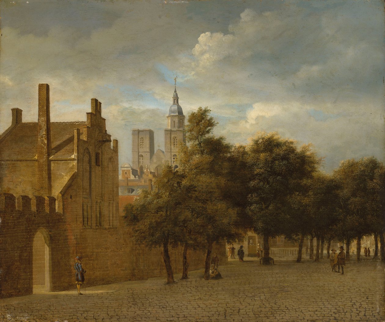 Un paysage urbain avec des personnages qui se promènent, une église au-delà. - Jan van der Heyden