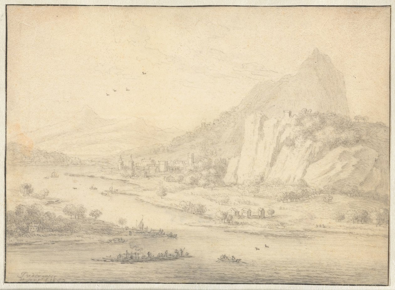 Paysage fluvial montagneux avec bateaux - Jan van der Meer (II)