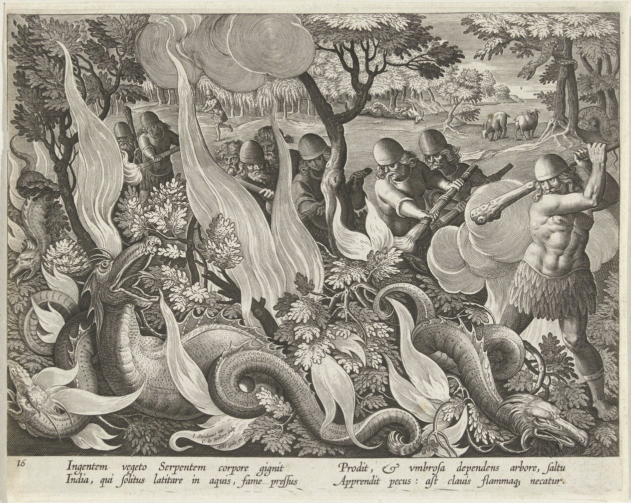 Capture de serpents en Inde utilisant des bâtons et des torches pour éclairer les sous-bois, gravure publiée en 1640 - Jan van der Straet