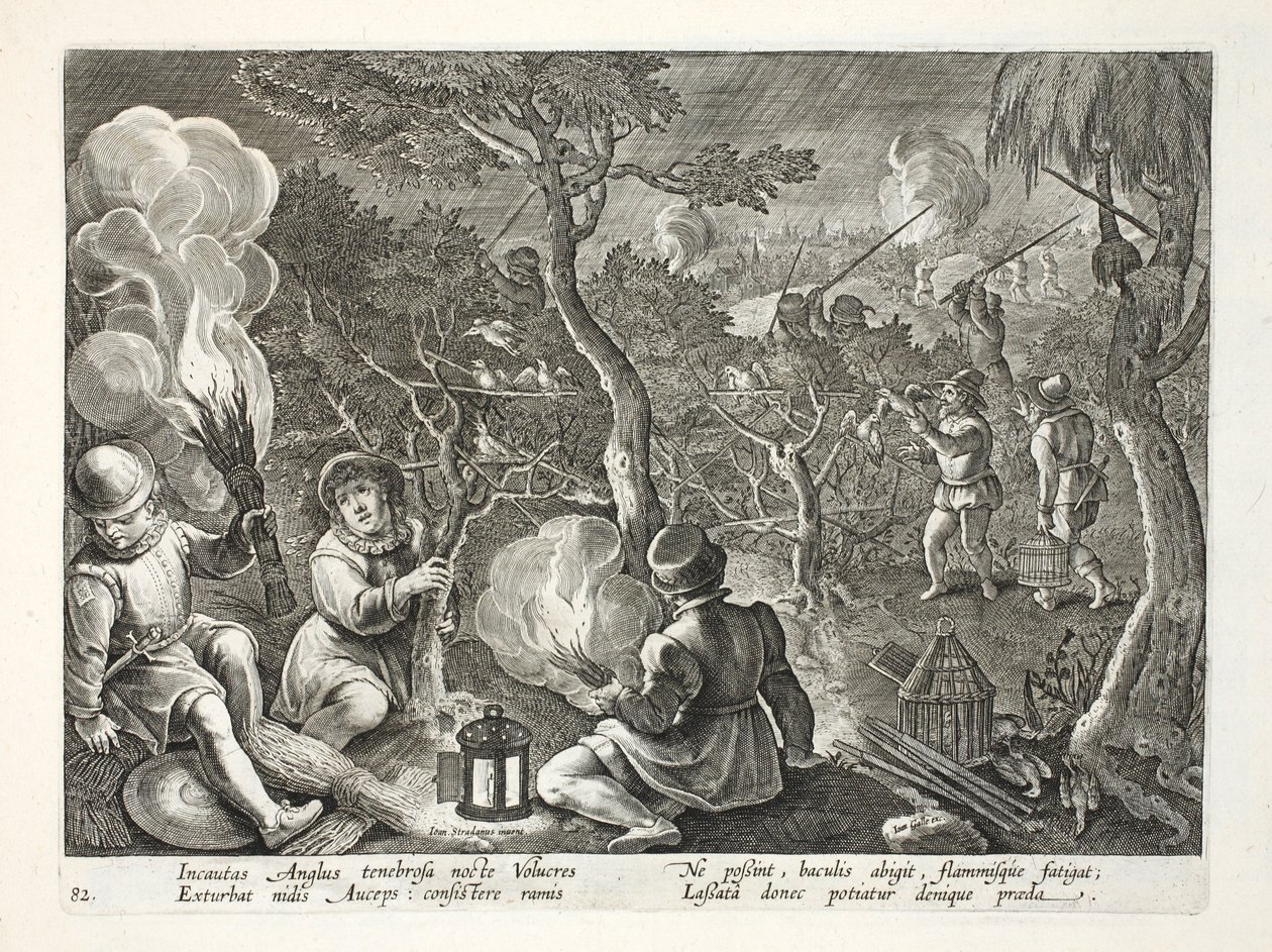 Chasseurs attrapant des oiseaux la nuit, illustration de 