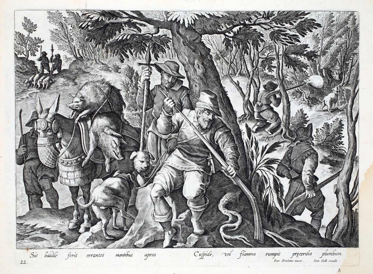 Les chasseurs utilisent des lances ou des fusils chargés de plomb pour chasser le sanglier des montagnes, illustration de 