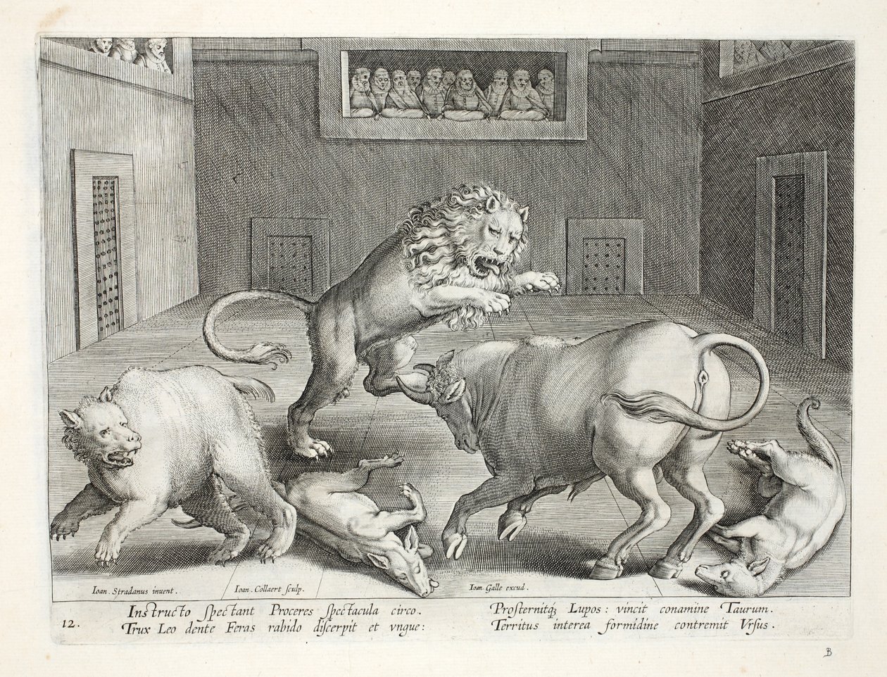Des nobles regardent le combat de bêtes sauvages dans un cirque intérieur, illustration de 