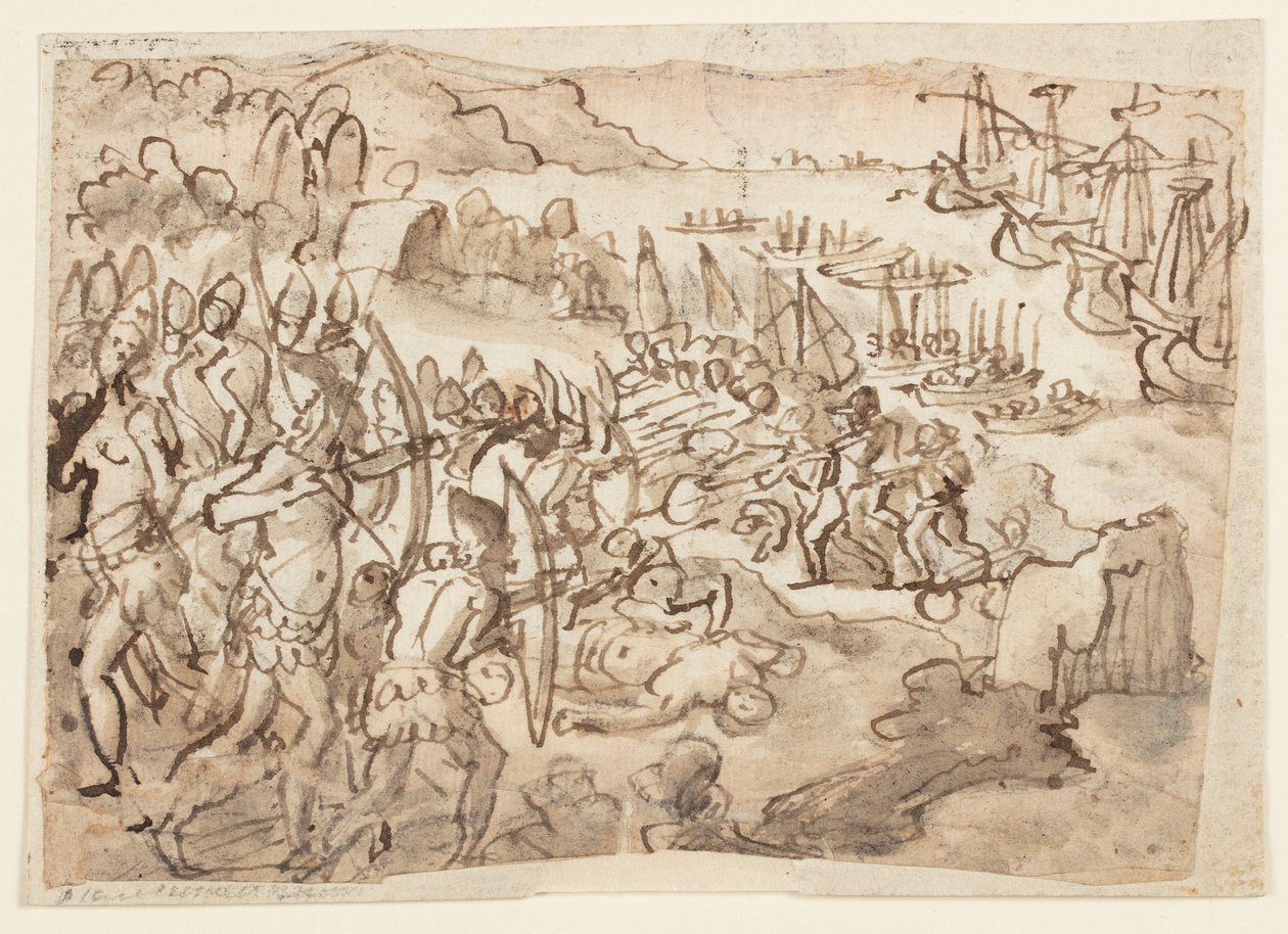 Conquête des îles Philippines, conception préliminaire pour peinture en grisaille réalisée par le fils de Stradanus, Scipione, pour les obsèques en mémoire de Philippe II d