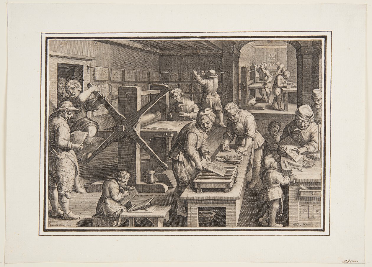 Gravure sur métal; Graveurs sur un navire - Jan van der Straet, called Stradanus