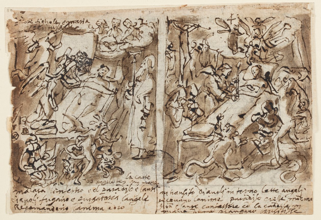 Page de carnet de croquis ; Pouvoirs célestes aidant les pieux ; Croquis pour portrait de saint ; Décoration de fronton - Jan van der Straet, called Stradanus