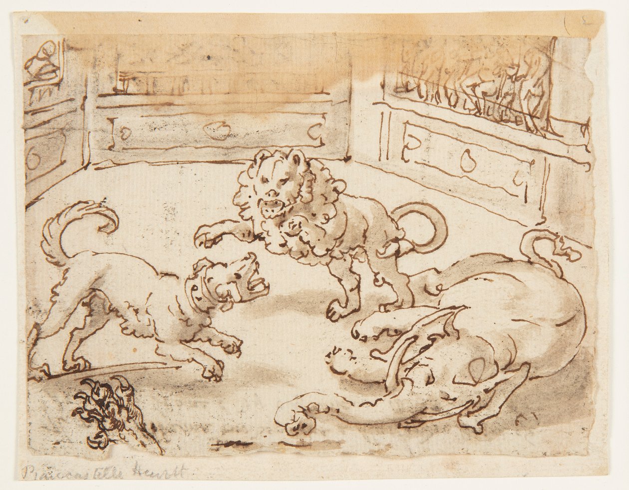 Recto : Alexandre le Grand regardant un combat entre son chien, un éléphant et un lion ; Verso : inscription relative à l