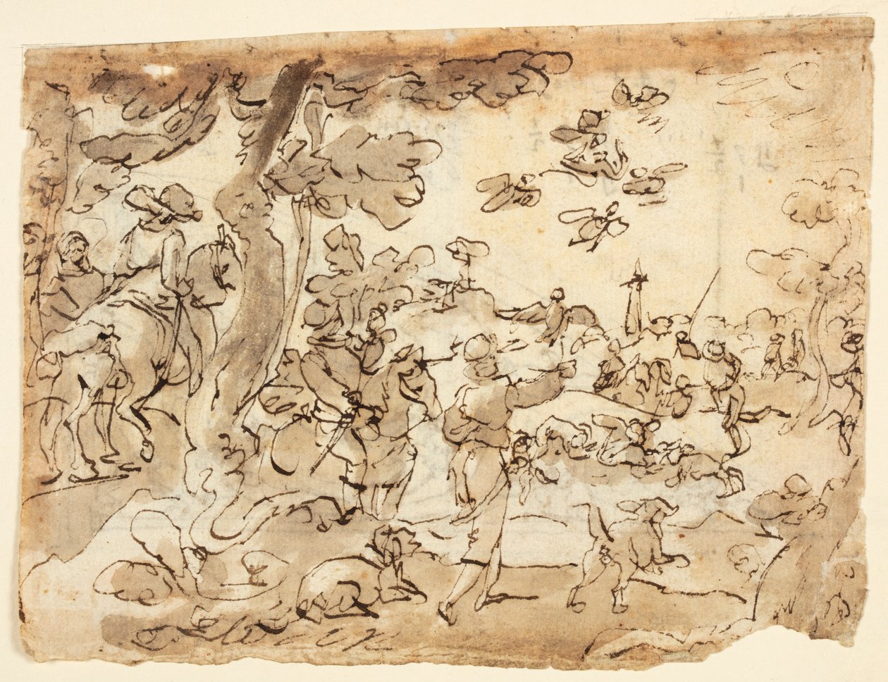 Recto : Chasse aux Oiseaux avec des Faucons ; Verso : Lunette décorée avec des animaux, capricorne et feuillage - Jan van der Straet, called Stradanus