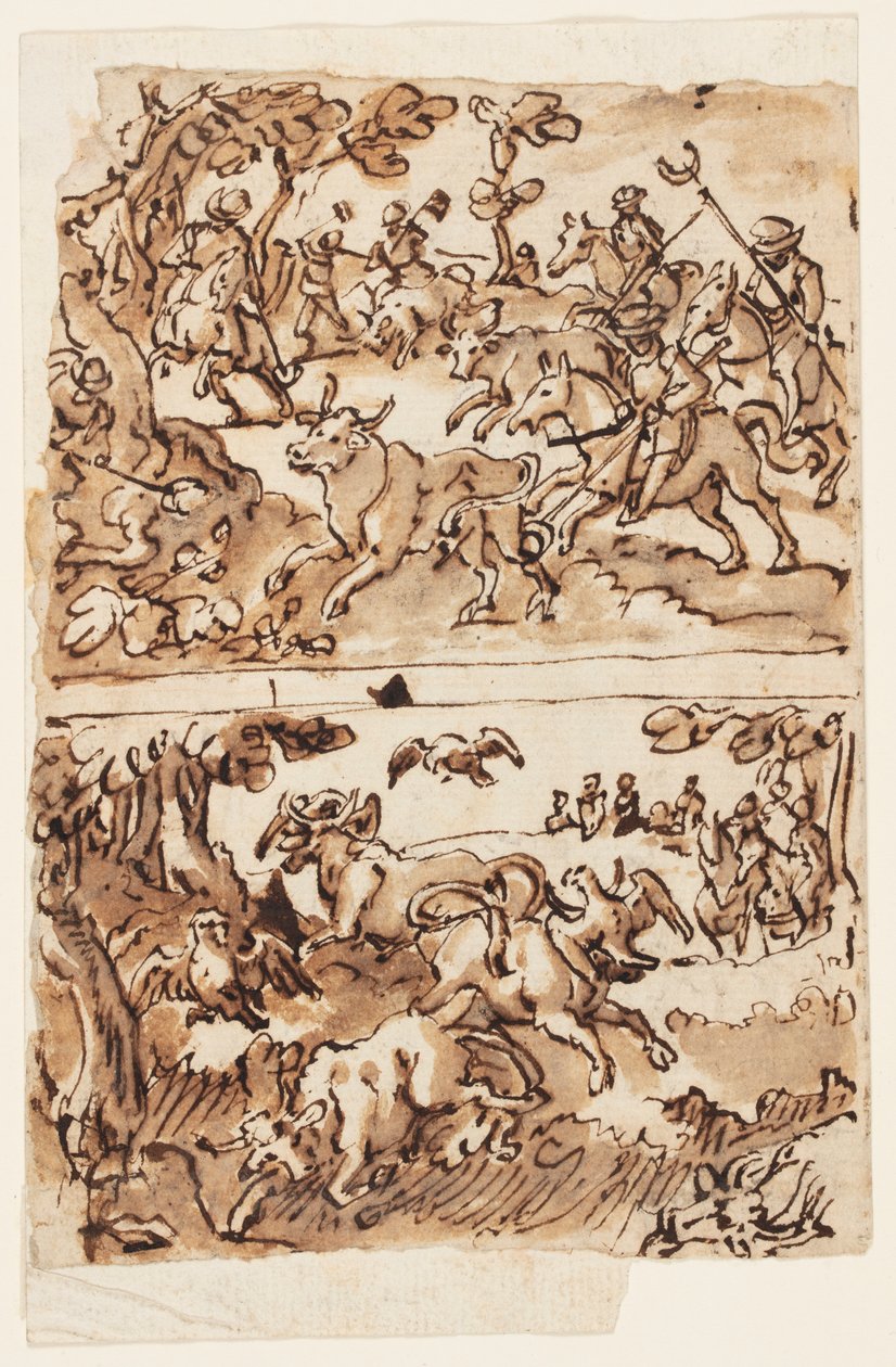 Page de carnet de croquis avec chasses au taureau - Jan van der Straet, called Stradanus