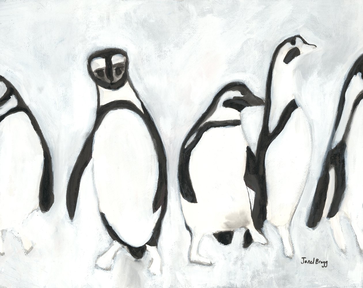 Pingouins au zoo de Woodland Park, vers 2021 (encre de sumi et gesso sur papier) - Janel Bragg