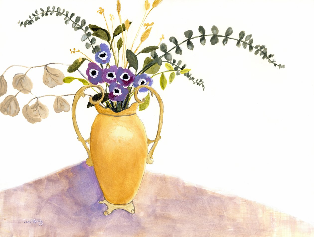 Nature morte aux fleurs violettes et vase anglais, vers 2024 (aquarelle sur papier) - Janel Bragg