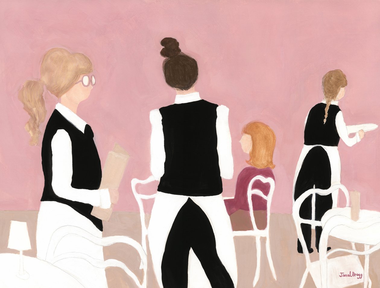 Serveuses du café Sabarsky en rose et beige, vers 2024 (aquarelle sur papier) - Janel Bragg