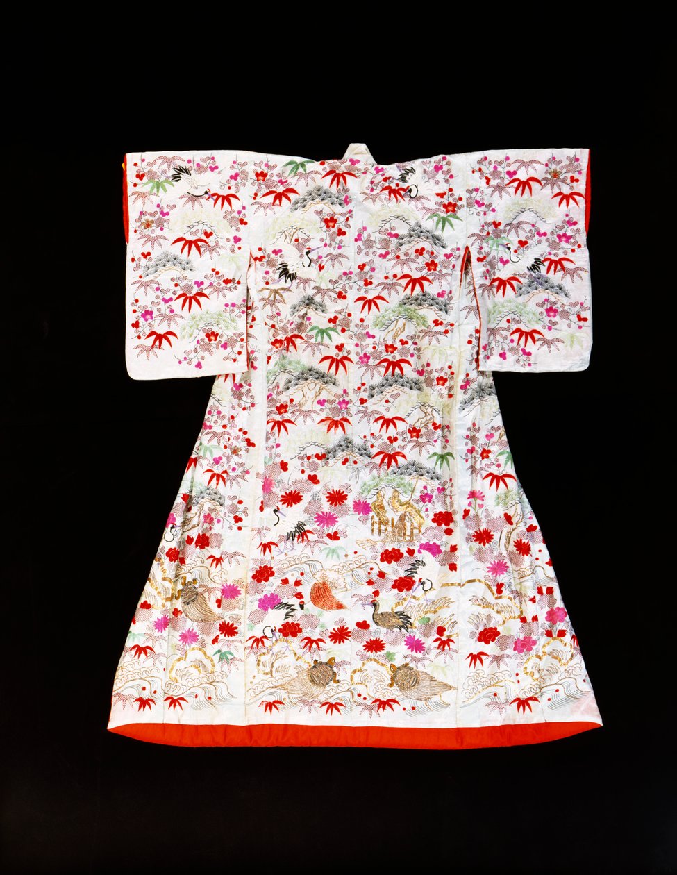 Un furisode en damas de soie blanche pochoiré de feuilles de bambou et de fleurs de prunier - Japanese School