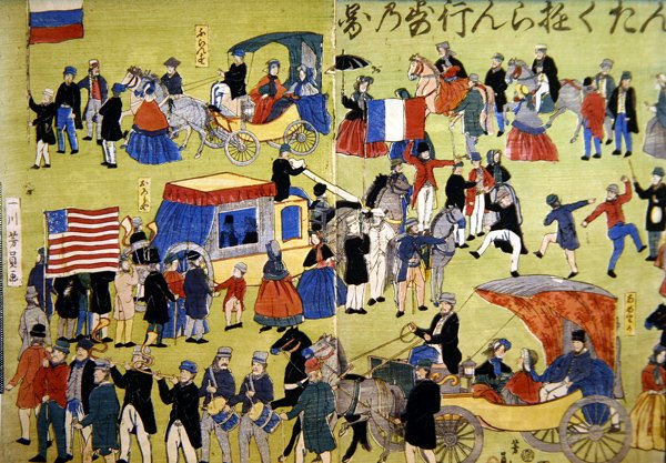 Visiteurs américains, néerlandais et français arrivant à Yokohama au Japon, vers 1860 - Japanese School