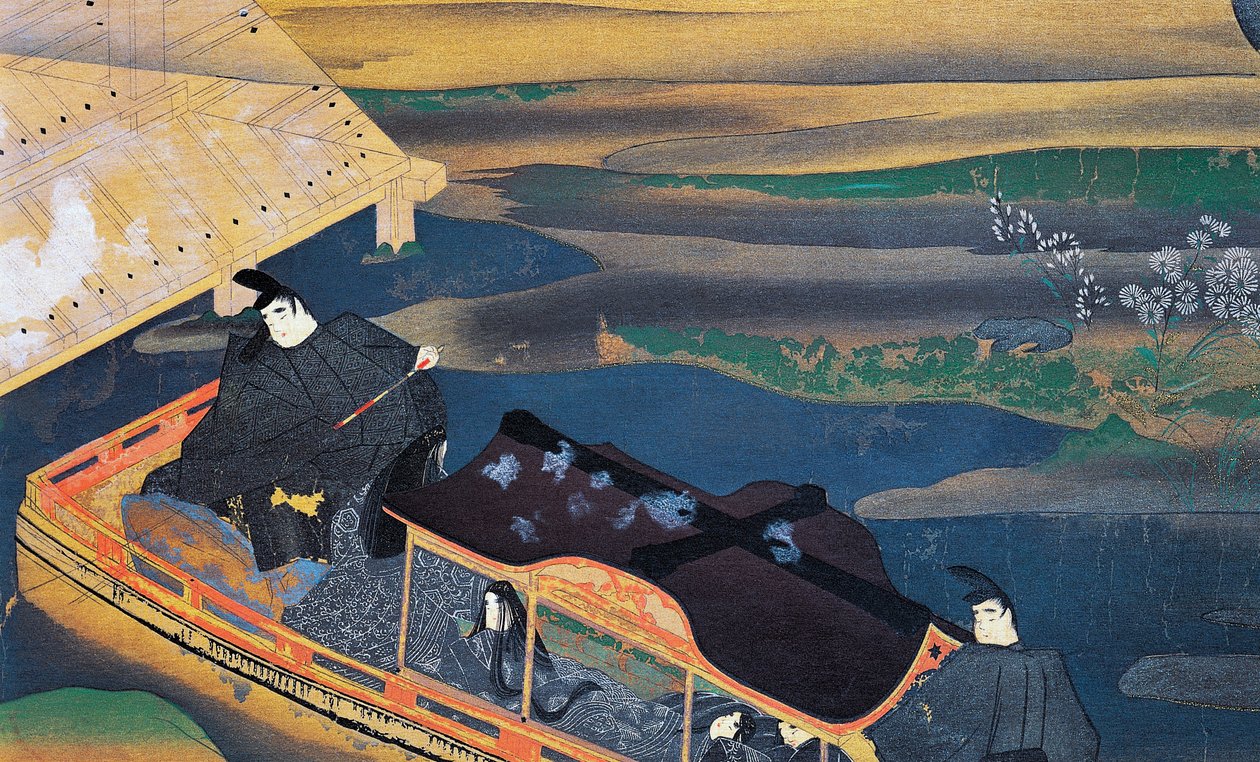 Bateau au clair de lune, par Fujiwara Nobuzane, illustration du Journal de Murasaki Shikibu, civilisation japonaise - Japanese School