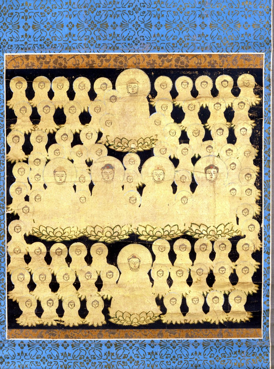 Quatre-vingt-cinq représentations du Bouddha japonais Amida Bosatsu. Peinture sur toile du 17e siècle. - Japanese School