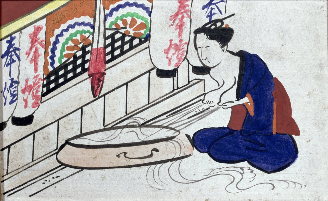Ema (plaque votive) représentant une femme exprimant du lait - Japanese School