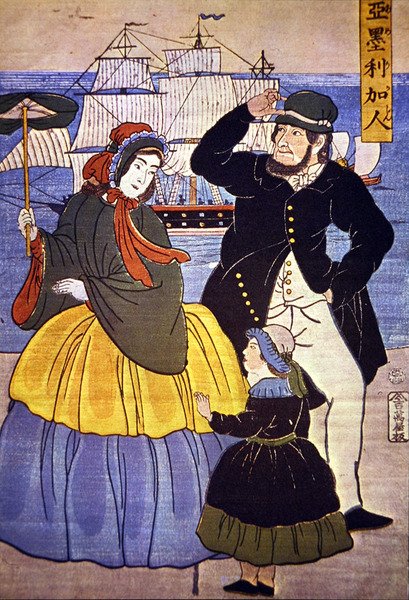 Famille européenne sur le front du port de Yokohama peinte par un artiste japonais en 1861 - Japanese School