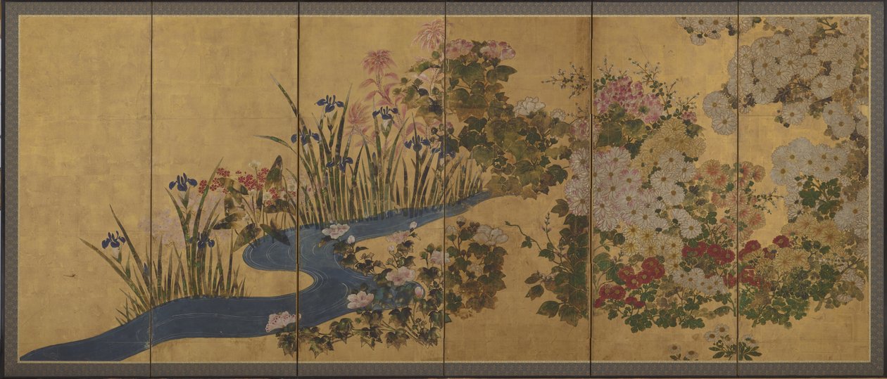 Fleurs et un ruisseau, Paravents - Japanese School