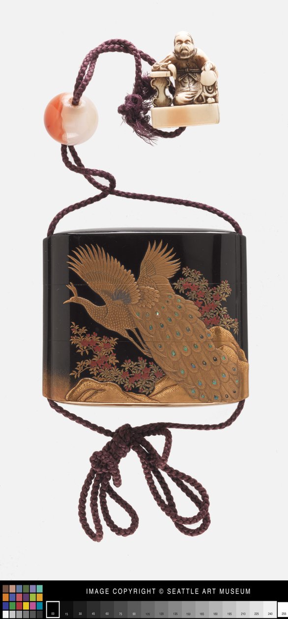 Inro décoré avec paon, ojime et netsuke - Japanese School
